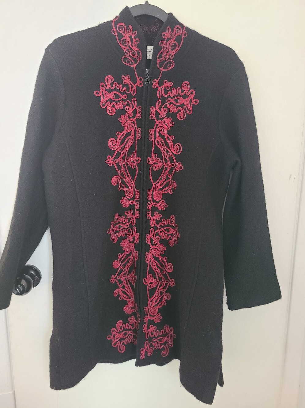 Vtg Coldwater Creek Black 100% Wool Soutache Embroidered Zip Up Coat Jacket- M